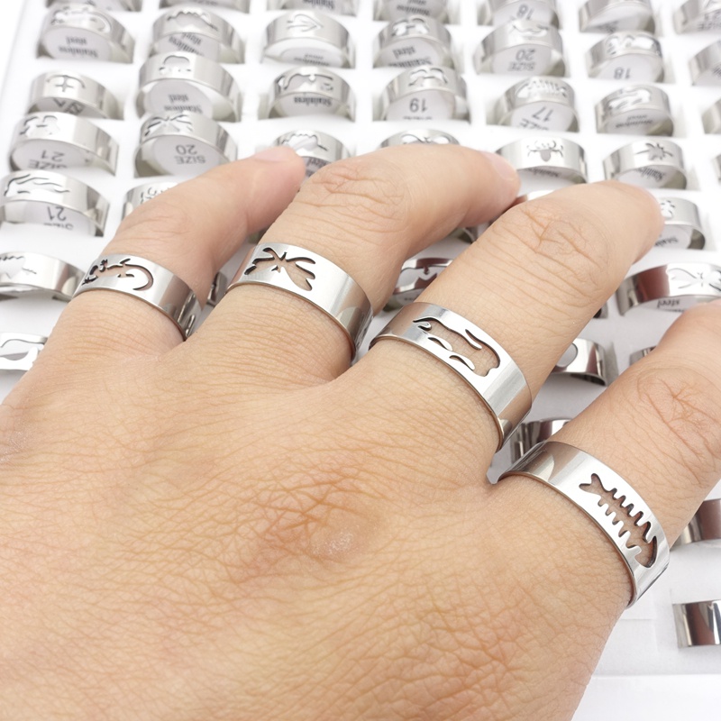 Set 20 Nhẫn Thép Không Gỉ Cắt Laser Phong Cách Hỗn Hợp Cho Nam Và Nữ Cincin Barang Kemas