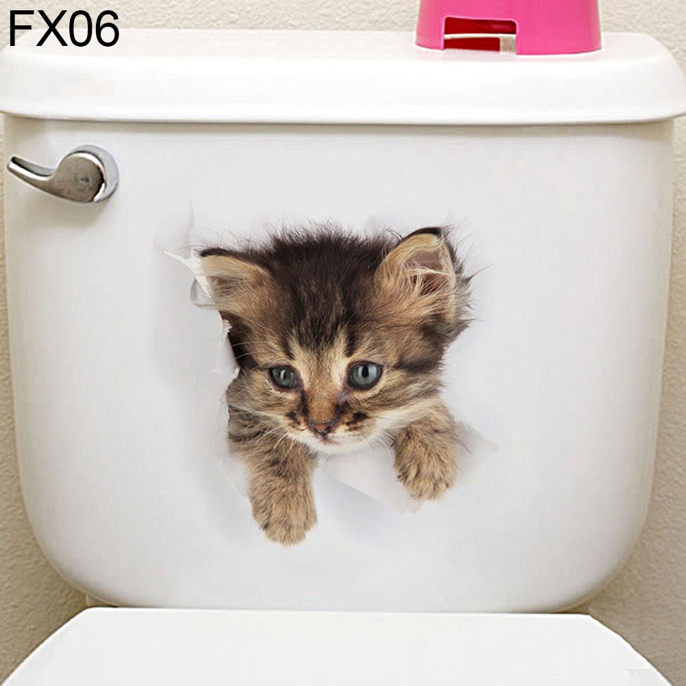 Sticker dán tường họa tiết 3D hình con chó và con mèo dùng trang trí nhà tắm , phòng ngủ