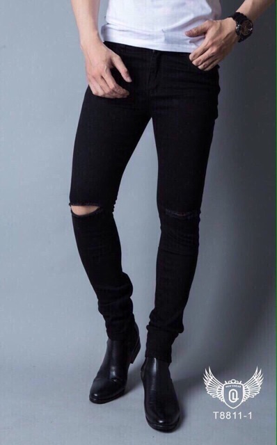Quần jean đen skinny rách gối