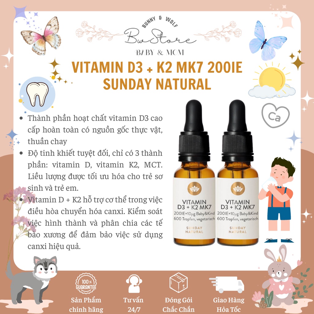 [Hàng Air - Cam kết chính hãng] Vitamin D3K2 MK7 200IE Sunday Natural Đức