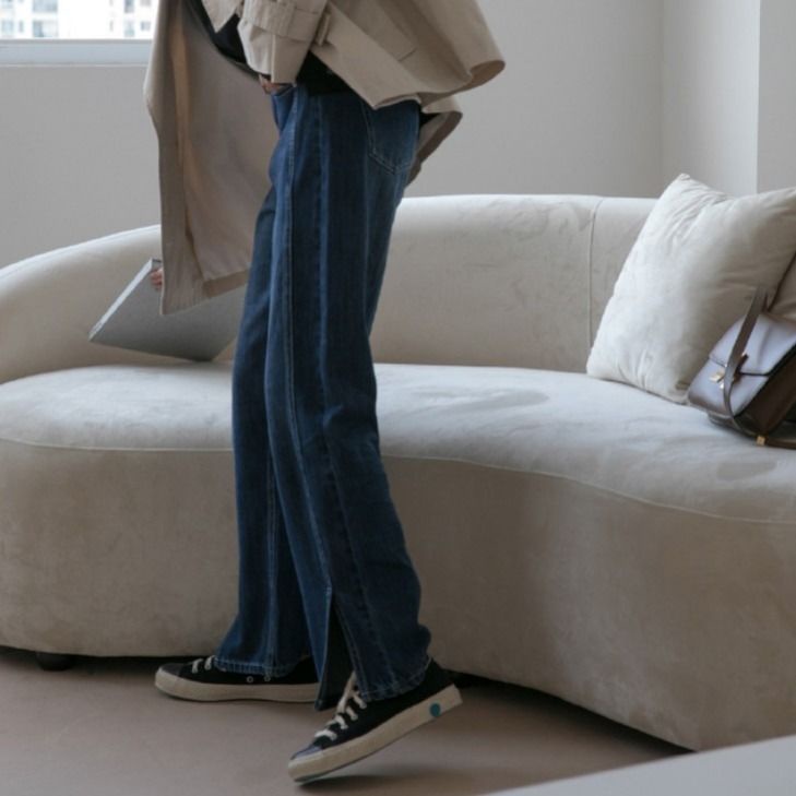 Quần jean ống suông rộng lưng cao xẻ tà phong cách Retro Hàn Quốc mới