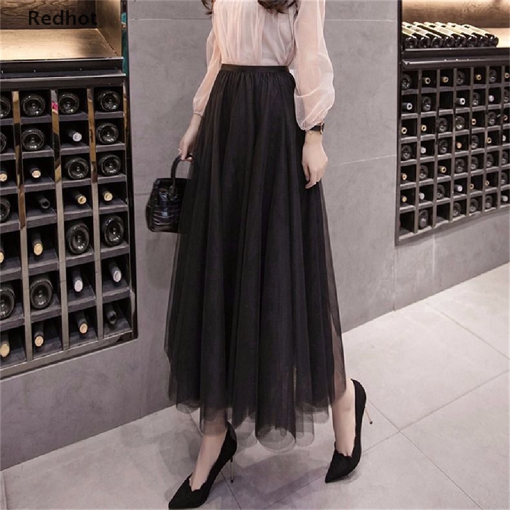 < Redhot > Chân Váy Xếp Ly Phối Lưới Tutu Lưng Thun Cao Co Giãn Dành Cho Nữ Hot
