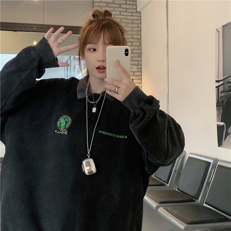 Áo sweater cổ polo dáng rộng thêu họa tiết thời trang mùa thu cho nữ | BigBuy360 - bigbuy360.vn