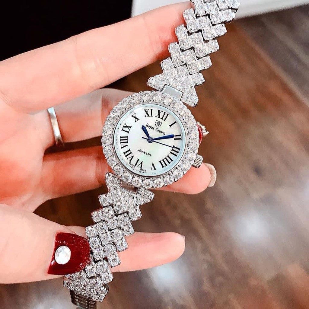 Đồng hồ nữ Royal Crown mặt tròn dây đính đá cao cấp sang trọng - kèm ảnh video tự chụp