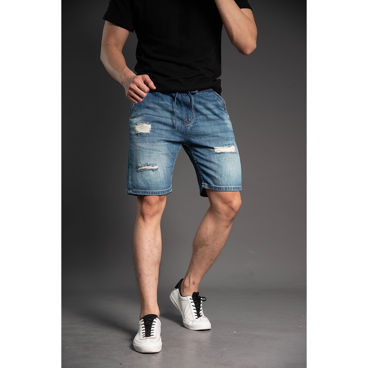 Quần Short Jean Nam Cạp Chun Rách H90 Chất Bò Co Giãn Ống Đứng J017