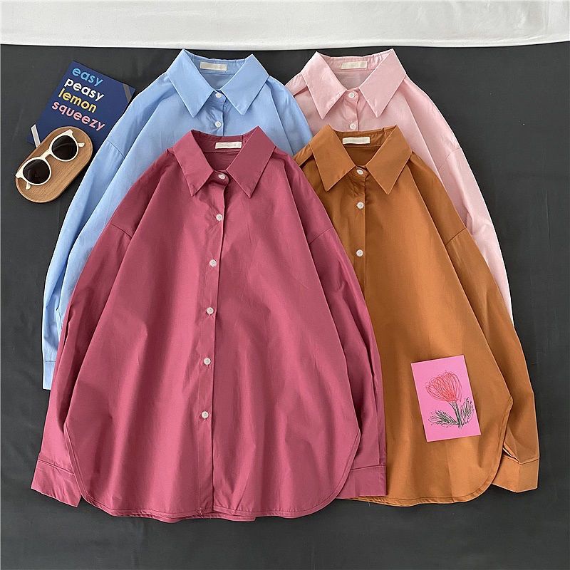 Áo Sơ Mi Tay Dài Màu Trơn Phong Cách Hàn Quốc Cổ Điển Thời Trang Xuân Thu Mới Cho Nữ