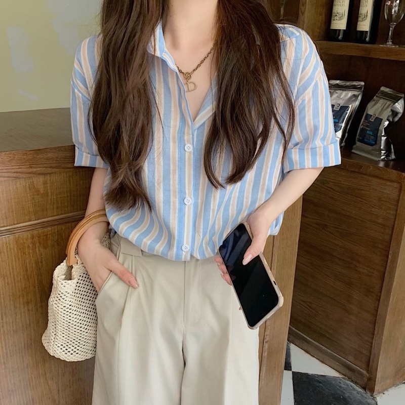 Áo Sơ Mi Tay Ngắn Kẻ Sọc Màu Sắc Tương Phản 185226 Áo Sơ Mi Dáng Rộng Phong Cách Hàn Quốc Cá Tính