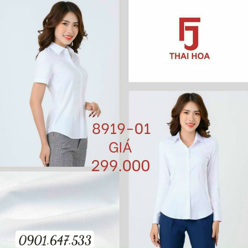 Áo sơ mi Thái Hoà màu trắng trơn vải sợi tre co giãn nhẹ