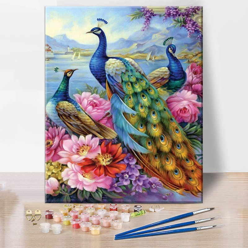 Set tranh đính đá trang trí phòng khách hình hoa và chim công