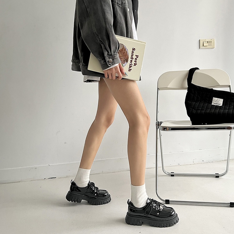 Giày Da Nữ Màu Đen Phong Cách Retro Anh Quốc
