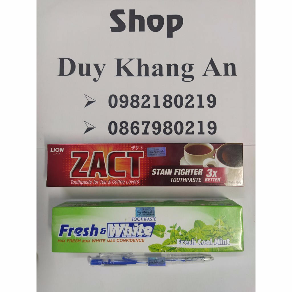 2 tuýp Kem đánh răng Lion Zact 190g và Fresh and white xanh Lá 160g