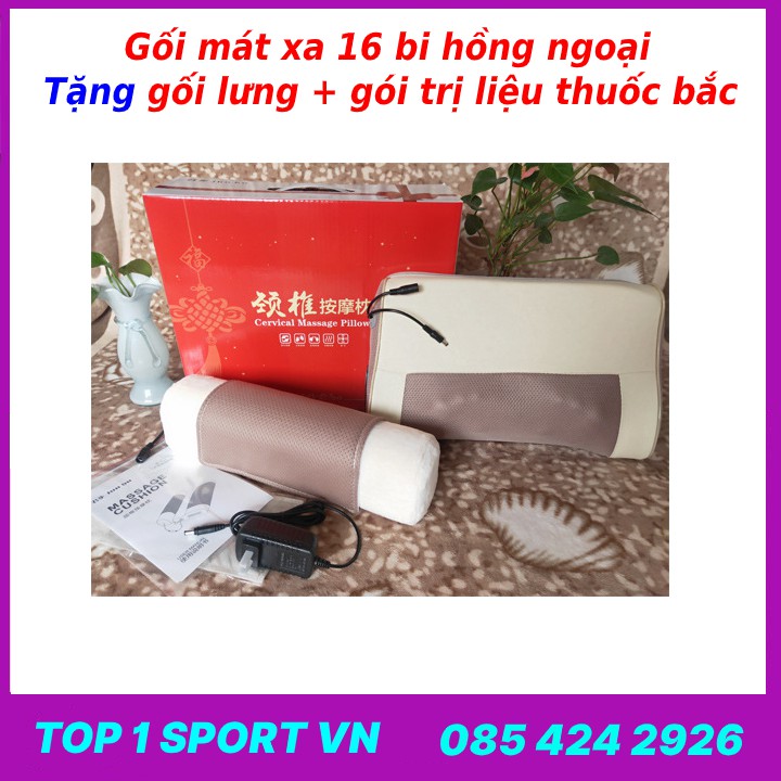 Gối mát xa - gối massage hồng ngoại 16 bi Junbu thế hệ 5.0 - Tặng kèm gối lưng + gói trị liệu thuốc bắc ngải cứu