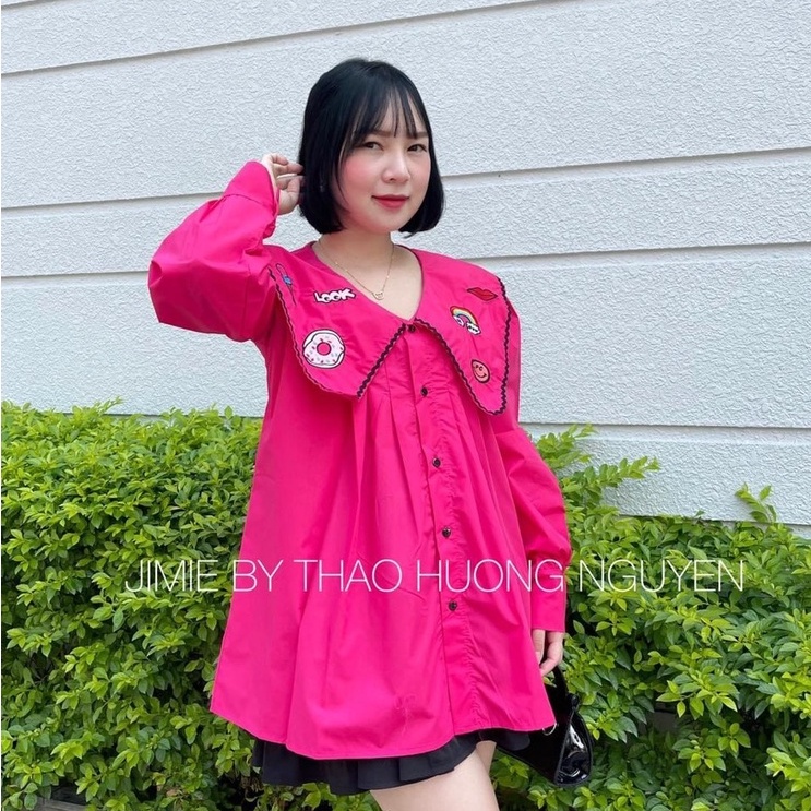 Áo sơ mi nữ bánh bèo họa tiết thêu nổi ICream áo sơ mi nữ cổ thuyền TH006
