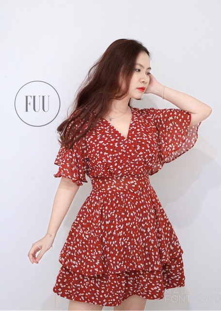 Hình thật jumpsuit giả váy hoa cổ chéo tay cánh tiên thanh lịch cho nữ