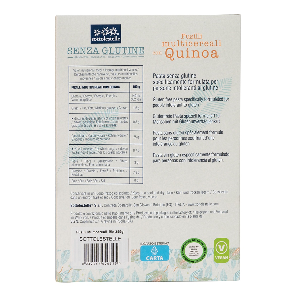 Nui xoắn diêm mạch hữu cơ Sottolestelle 340g/Organic Fusilli Quinoa Gluten Free - Date: 20/6/2023 - Nhà Hữu Cơ