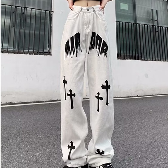 Quần Jean Dài Dáng Rộng Phong Cách Đường Phố Mỹ Thời Trang Cá Tính Cho Nam Và Nữ