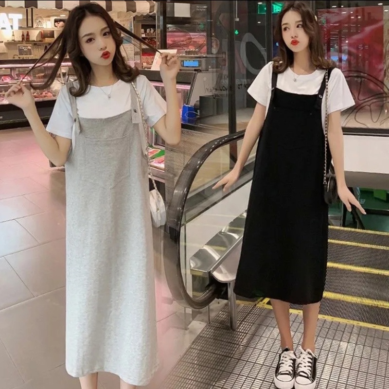 Set Áo Thun Tay Ngắn Dáng Rộng + Váy Yếm Dáng Suông Thanh Lịch Thời Trang Phong Cách Hàn Quốc Cho Mẹ Bầu ZL