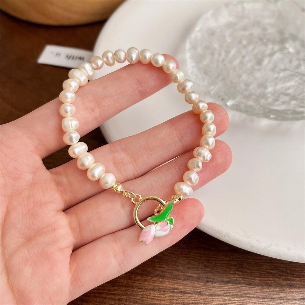 Vòng Cổ Choker Mặt Hoa Tulip Ngọc Trai Thanh Lịch Thời Trang Cho Nữ
