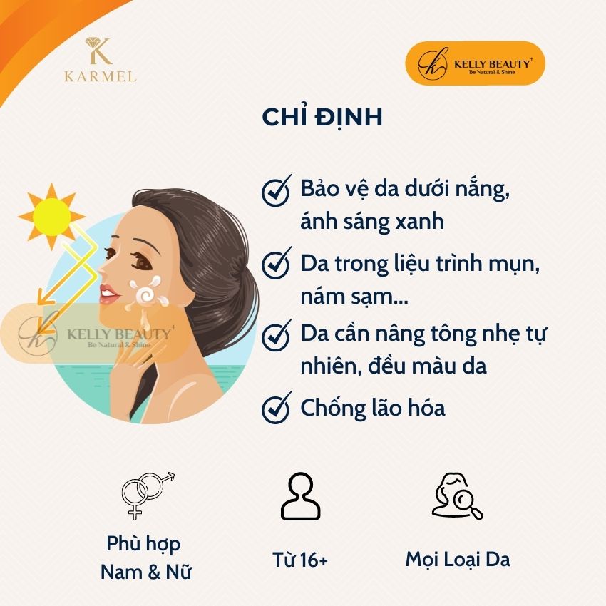 Kem Chống Nắng Vật Lý KARMEL 30 &amp; 50g – Chống Tác Hại Tia UV, Ánh Sáng Xanh; Nâng Tông, Không Bết Dính | Kelly Beauty