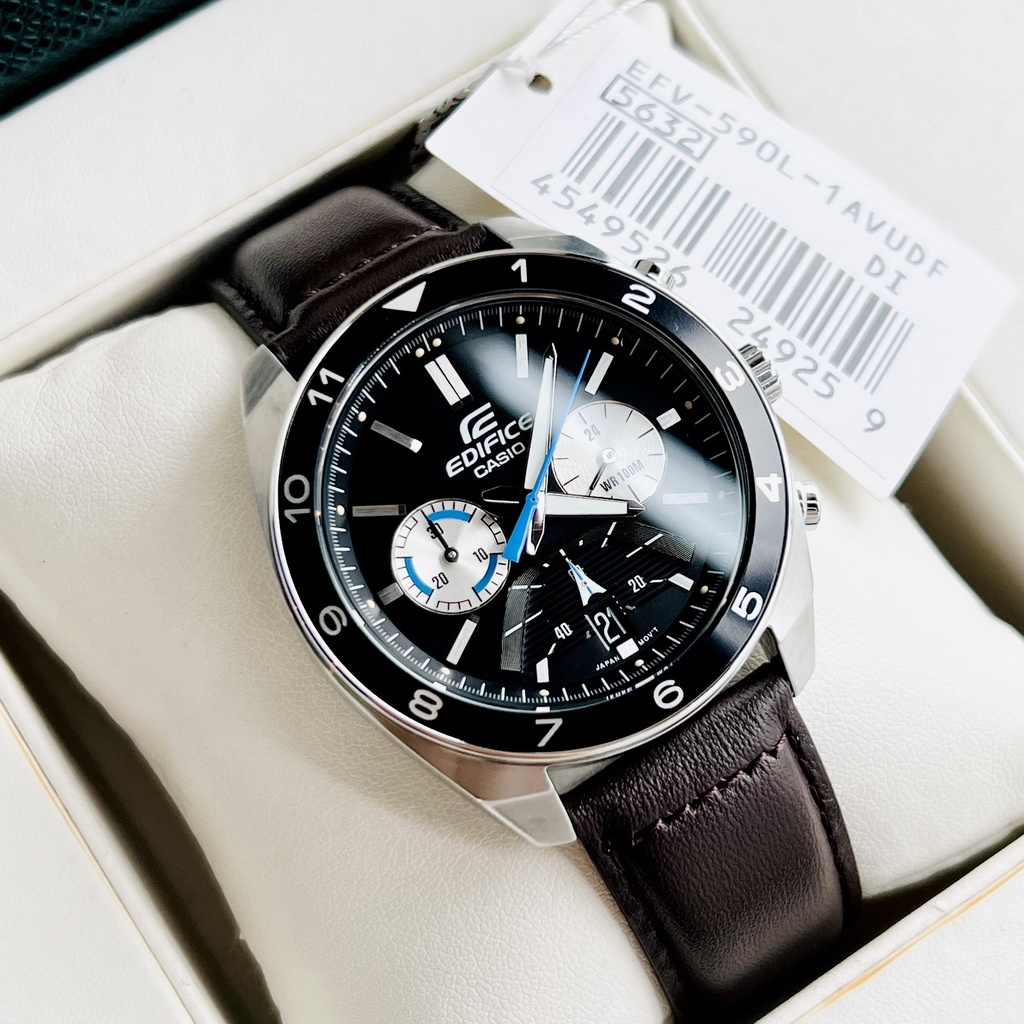 Đồng hồ nam dây da chống nước Casio Edifice EFV 590L-1A Mặt đen có ô lịch - Size 43mm  Bảo hành 1 năm Hyma watch