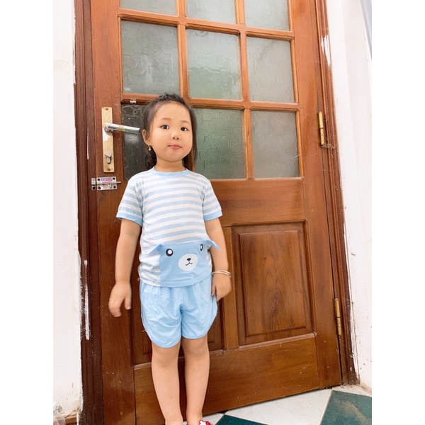 Bộ quần áo cộc tay chui cổ mùa hè Minky mom vải thun lạnh mềm mát hình gấu phối kẻ bé trai bé gái 6-16kg