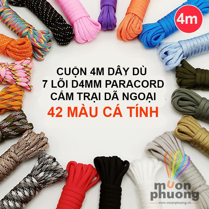 [FRSHIP 20K] Dây dù paracord đan vòng dây dù tròn 7 lõi 4mm cắm trại dã ngoại nhiều màu - MUÔN PHƯƠNG SHOP