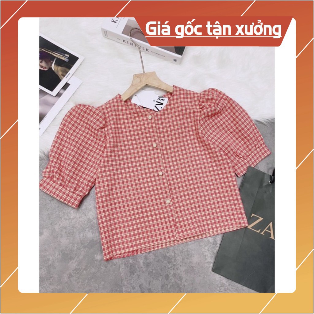 MECHIPXINH - ÁO SƠ MI NỮ CROPTOP KẺ CARO ĐỎ CÚC NGỌC ་