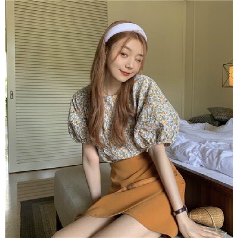 Set áo hoa tay bồng, chân váy cam