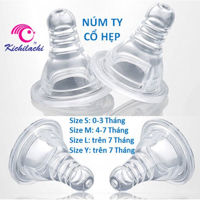 Núm ty, núm vú silicon siêu mềm cổ hẹp Kichi Kichilachi (Size S, M, L, Y) - Sử dụng đc cho hầu hết bình sữa cổ hẹp