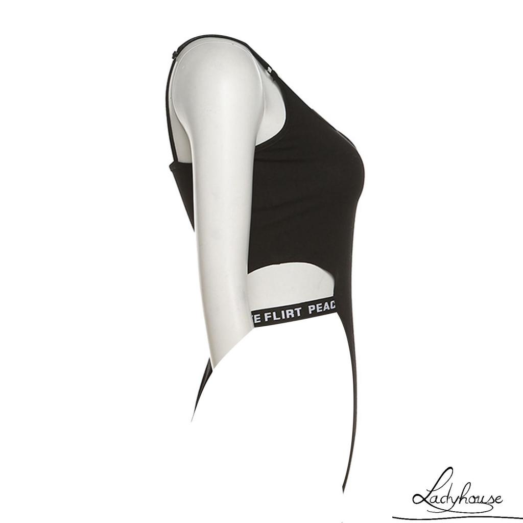 Bộ áo liền quần cổ chữ U không tay thêu chữ màu đen size S/M/L thời trang mùa hè