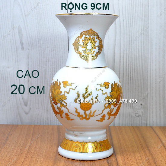 Bình Hoa Cúng Sứ Trắng Cao Cấp Mạ Rồng Vàng - Size Cao 20cm -  6959.2