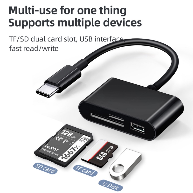 Đầu đọc thẻ kiêm dây cáp OTG FONKEN Type C / Micro USB sang SD / TF truyền dữ liệu 3 trong 1 cho điện thoại