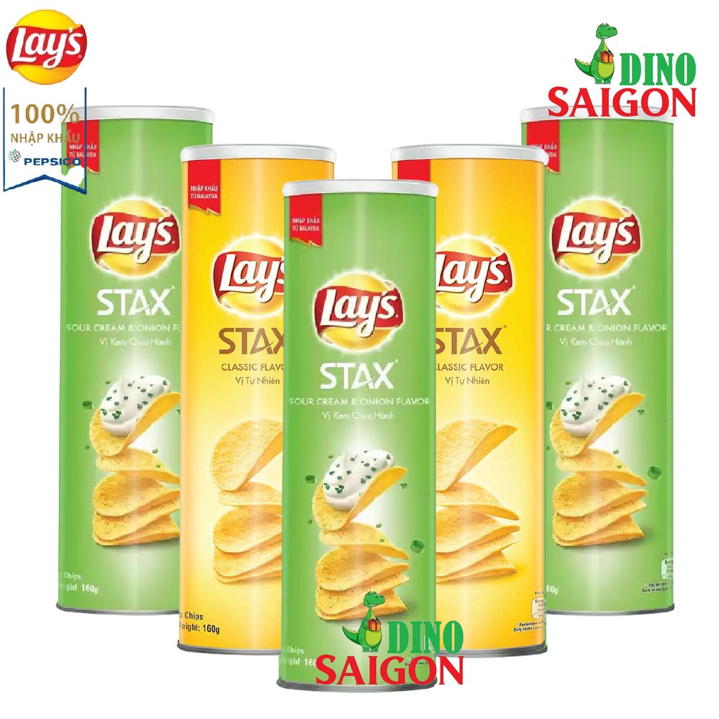 Combo 5 Hộp Bánh Snack Khoai Tây Lays Stax Malaysia 160g gồm 3 Vị Kem Chua Hành và 2 Vị Tự Nhiên