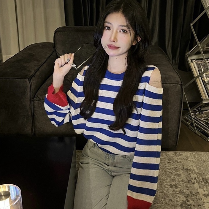 Áo kiểu ZHELIHANGFEI dệt kim tay dài thiết kế hở vai họa tiết kẻ sọc trẻ trung thời trang