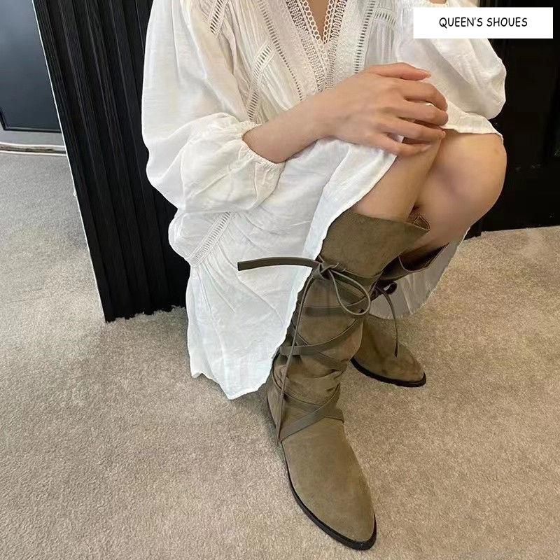 Giày Bốt Denim Mũi Nhọn Gót Thấp Buộc Dây Kiểu Retro Phương Tây Cá Tính Cho Nữ