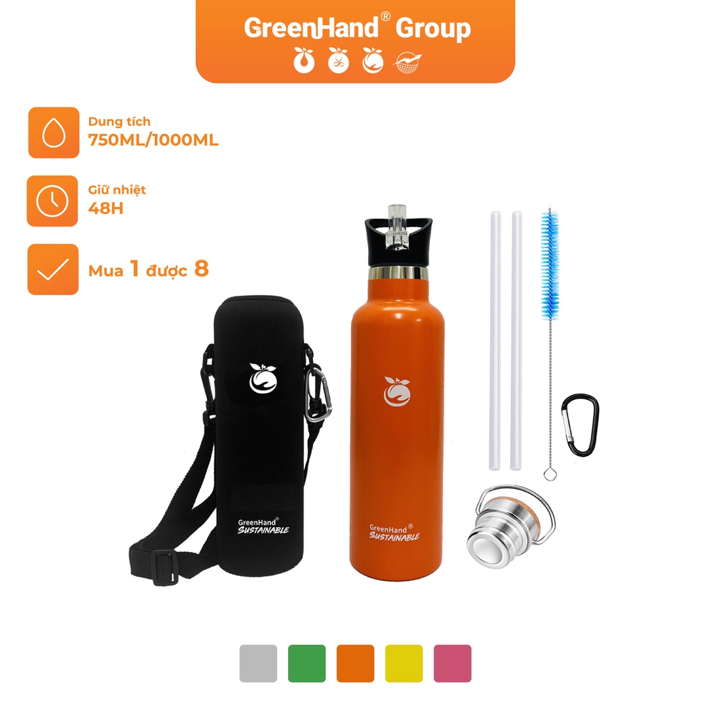 Bình Giữ Nhiệt 48H Greenhand Inox Cao Cấp 750Ml Kèm Túi Vải, Gói 2 Nắp, Bộ Ống Hút Và Cọ Vệ Sinh Tiện Lợi