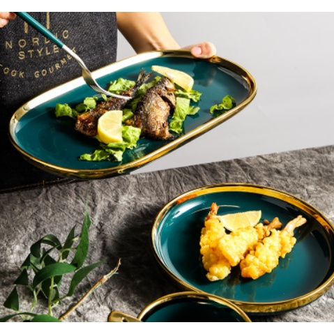 Bộ bát đĩa cao cấp xanh cổ vịt,chén dĩa decor đẹp 26 món viền vàng các màu phong cách Bắc Âu