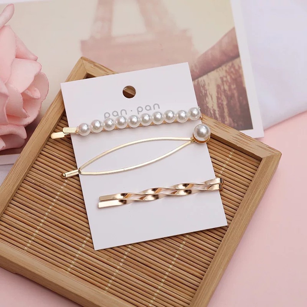 Set Kẹp Tóc Cài Tóc Kim Loại Nhỏ Bé Đính Đá Ngọc Trai Giả Phong Cách Hàn Quốc Đơn Giản