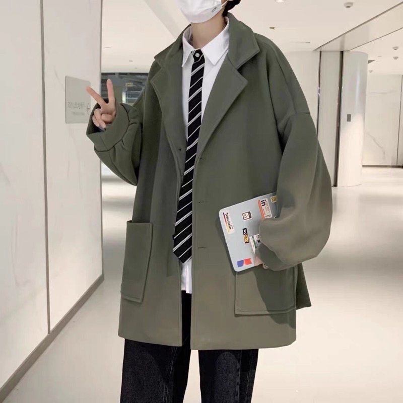 Áo măng tô chất dạ lì túi chéo Áo khoác blazer nam đẹp phối túi chéo mùa đông nam nữ đều mặc phong cách Hàn Quốc