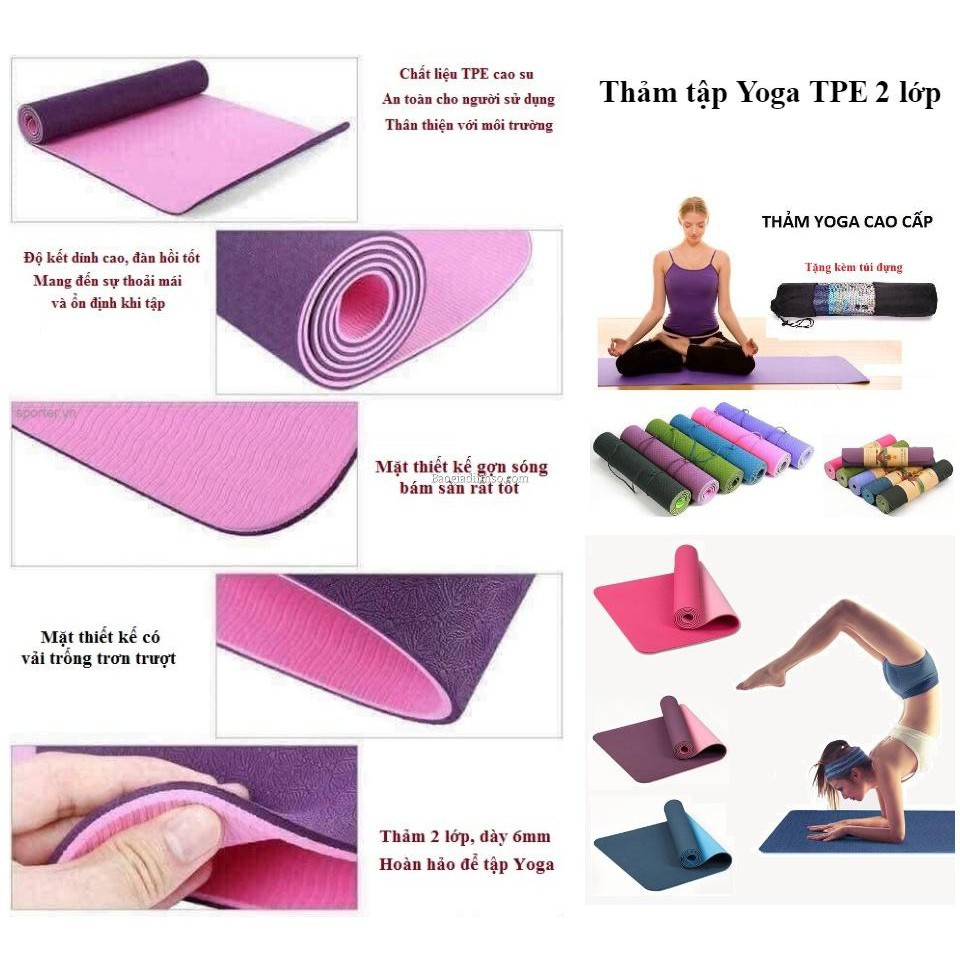 Thảm Tập YoGa -Thảm Tâp GYM 6mm Chống trượt tập thể dục tpe 2 lớp không mùi mẫu mới 2021.