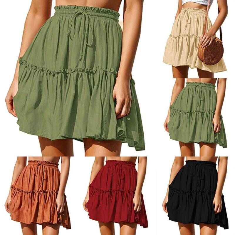 Pleated Mini Skirt Women High Waist Elastic Ruffle Summer Beach Boho