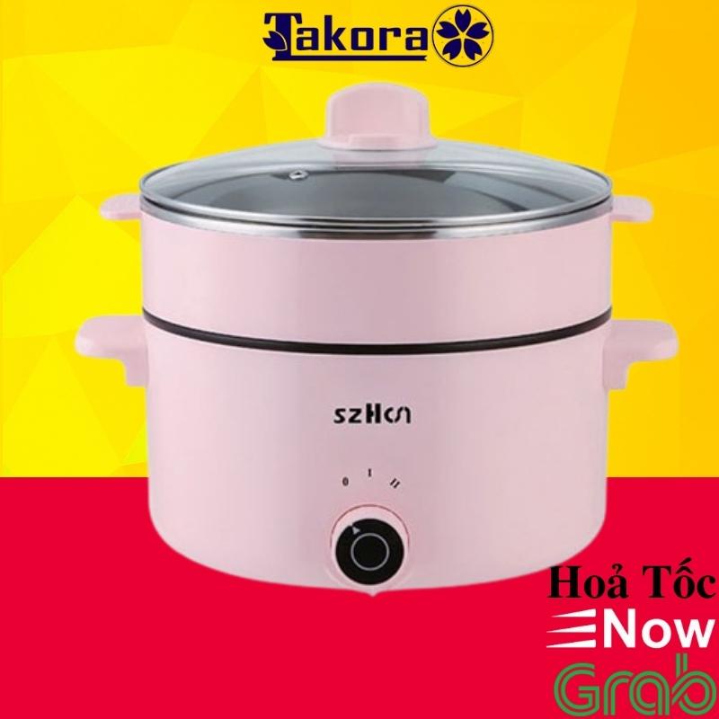 Nồi lẩu điện đa năng mini chống dính 2 tầng 2 nấc nhiệt 2.5 lít ăn lẩu mì chiên xào hấp luộc với 1 cái nồi