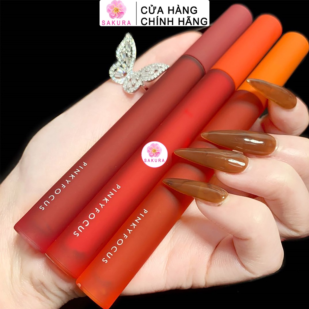 Son Kem Lì Bóng tint Môi Pinkyfocus Màu Lì Thời Trang Xinh Xắn Nhung Mịn Cao Cấp Nội Địa Trung SAKURA