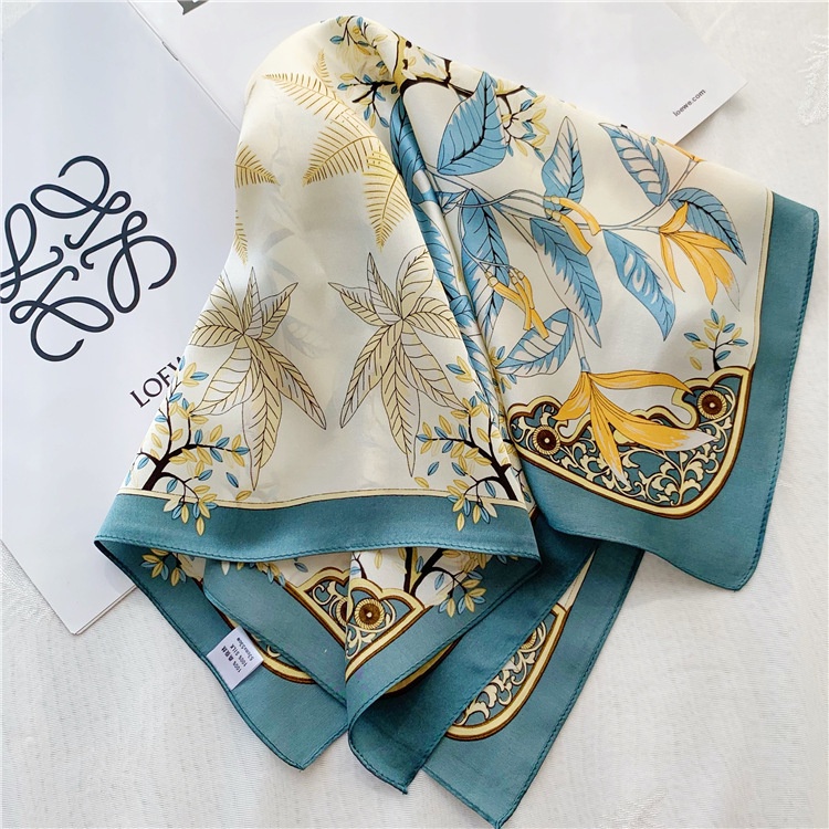 Khăn lụa vuông quàng cổ HOẠ TIẾT HOA CỎ  XANH VÀNG cao cấp 70x70cm Khăn bandana lụa ThyThy băng đô,cột túi,áo yếm