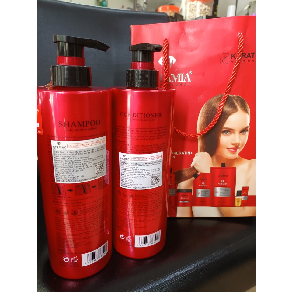 Dầu gội xả Kailamia Collagen Keratin Amino Repair 800ml chống rụng tóc,bạc tóc và kích thích mọc tóc