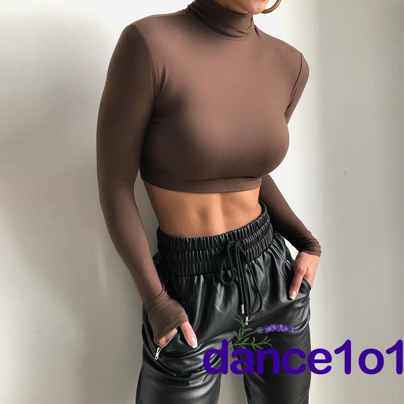 Áo Croptop Tay Dài Cổ Lọ Màu Trơn Thanh Lịch