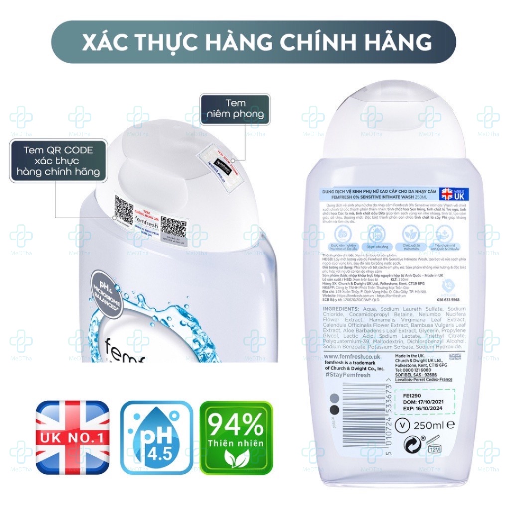 Dung Dịch Vệ Sinh Femfresh 0% Sensitive Intimate Wash (Femfresh Xám) -  Dịu Da, Không Gây Kích Ứng (250ml) [UK]