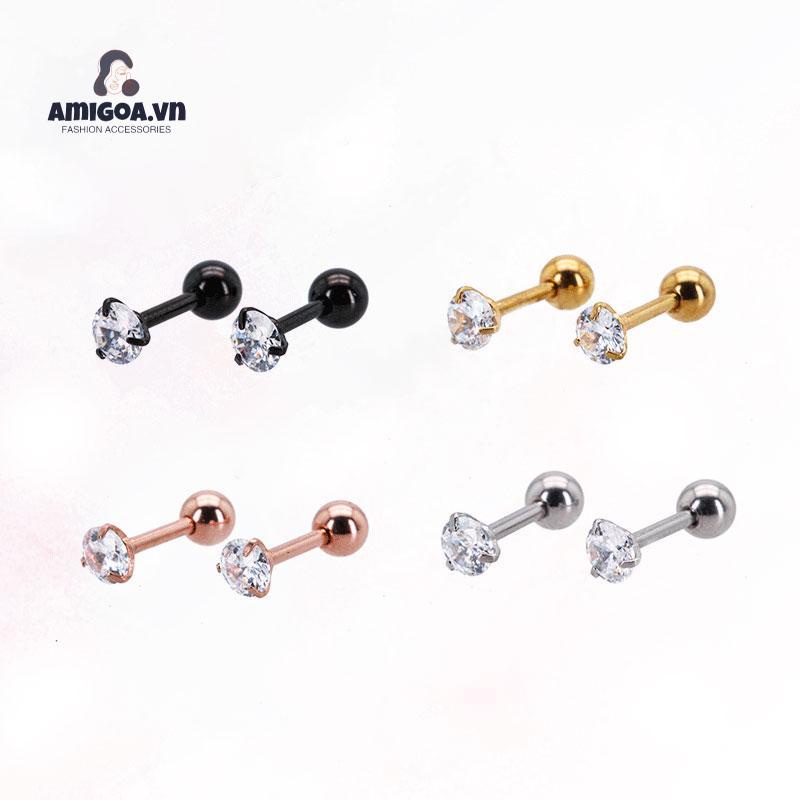 ✨✨Bông Tai Xỏ Lỗ Bằng Thép Titan Đính Kim Cương Lấp Lánh