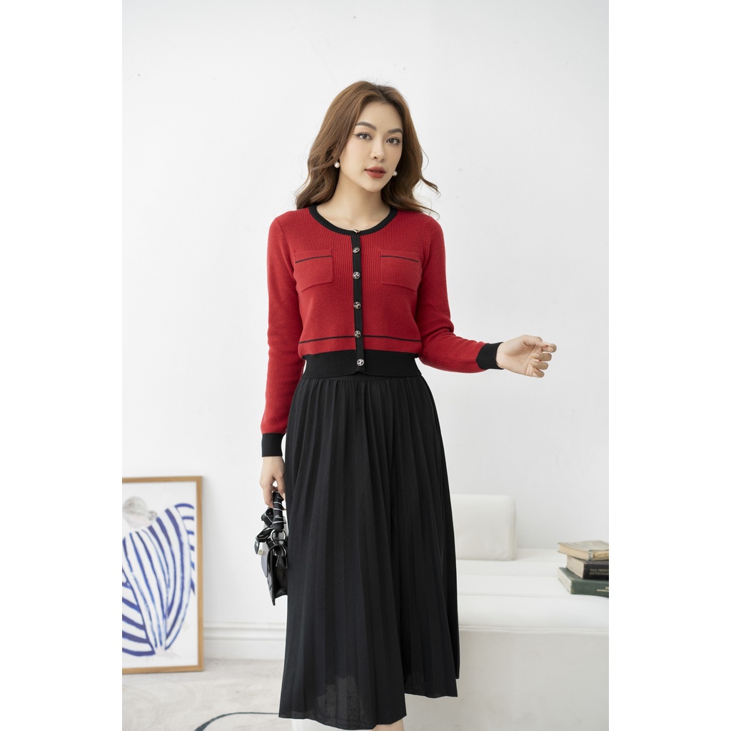 Áo len nữ cổ tròn phối màu Fiona, Áo cardigan dáng bo gấu túi ốp thân trước mã F852743
