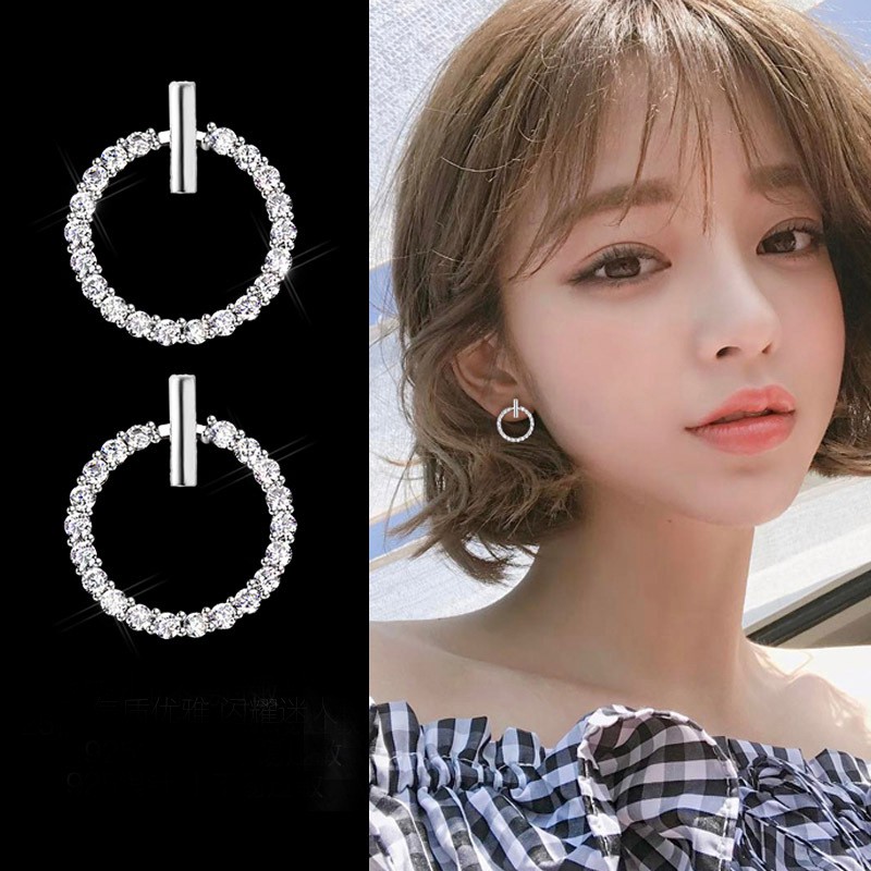 Khuyên tai kim bạc 925 đính đá zircon dạng xỏ lỗ phong cách Hàn Quốc đơn giản cho nữ